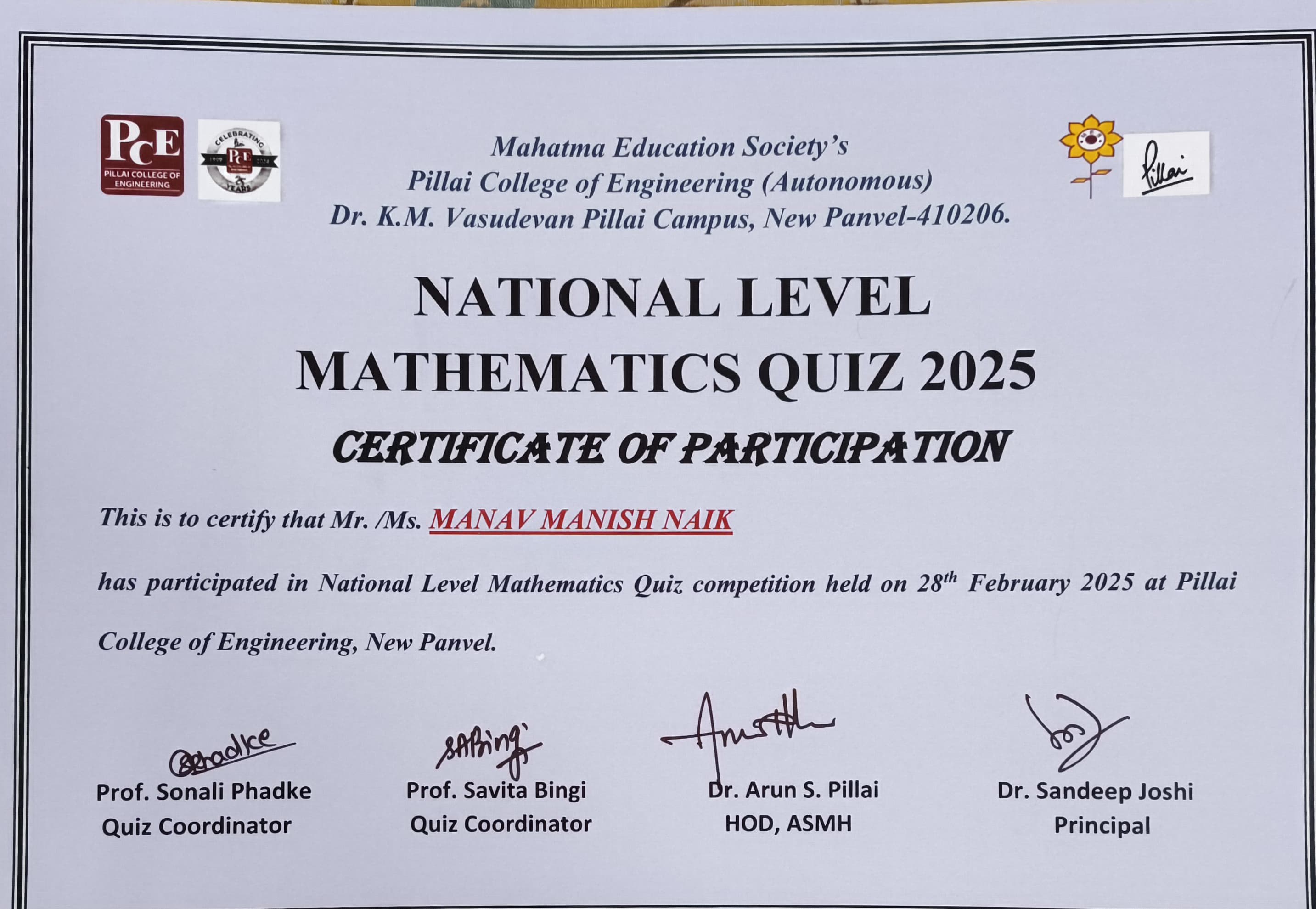 National level Maths Quiz 2025 Certificate